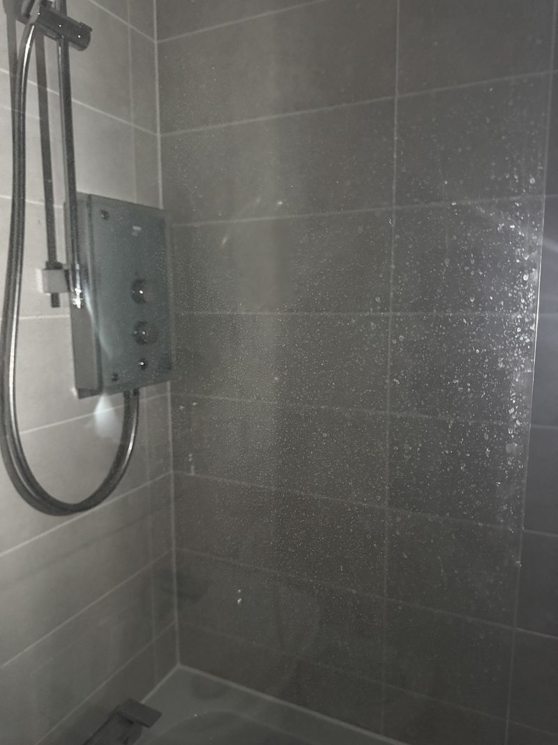 A shower enclosure and tiled wall